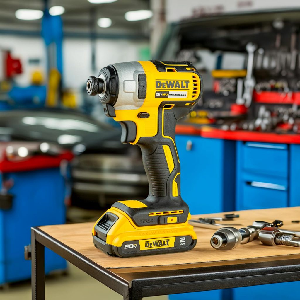 pexels photo 30486958 A DeWalt power drill in a well-equipped automotive workshop setting, ready for use.